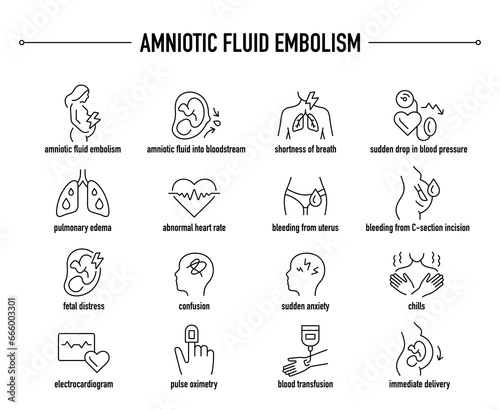 Amniotic Fluid Embolism symptoms, diagnostic and treatment vector icons. Line editable medical icons.