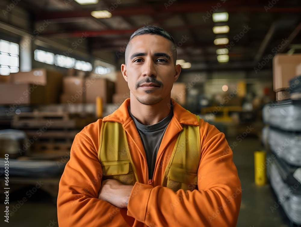 
A focused man in an orange safety jacket stands confidently in a warehouse, with boxes and industrial materials surrounding him.