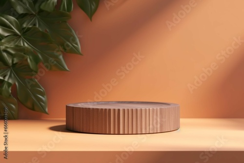 Wood pedestal podium with leaf background 3d illustration empty display scene presentation for product placement