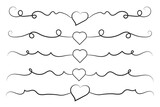 Filigree curly Calligraphic Heart, Fancy Line Flourishes Swirls hearts, curve romantic love separator, Valentines Day divider flourish Swirl, Calligraphy Flourish lettering header hearts scroll 