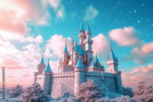 Pastel-blue castle with rosy clouds. Generative AI