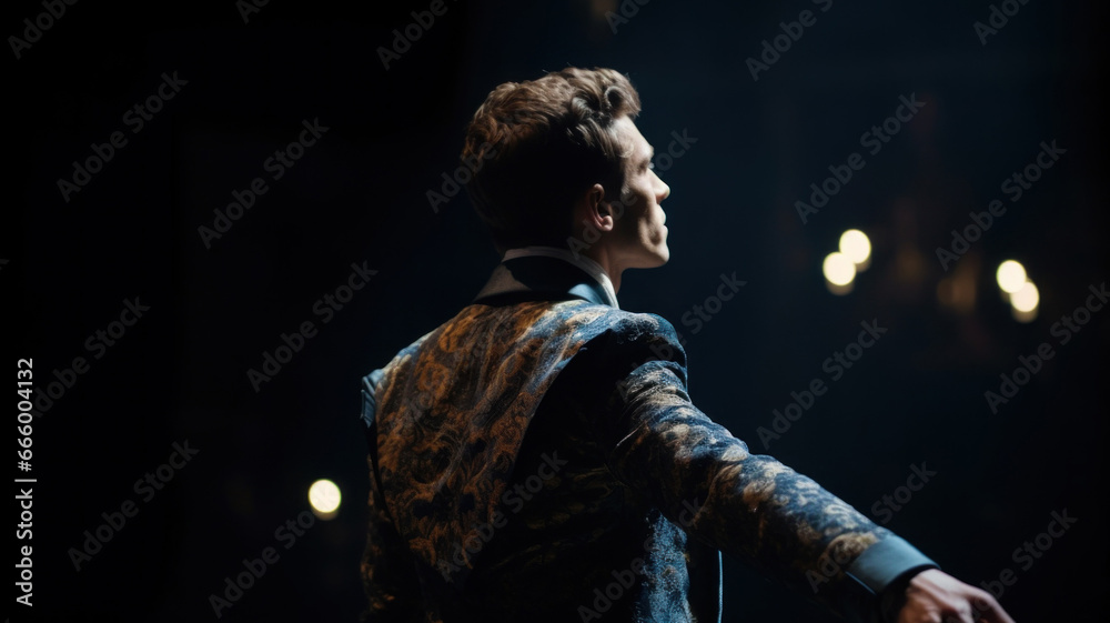Side view of young opera singer man standing on stage with his arms ...