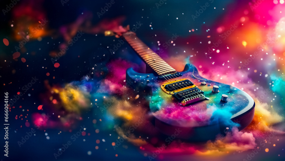 Chitarra immersa in una nuvola di polvere colorata