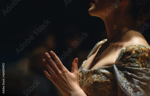 Closeup of opera singer hands. Side view of crop unrecognizable singing woman in theater dress against dark background with audience