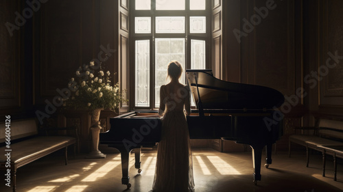 Back view of young woman - opera singer standing at the back of a grand piano in the rehearsal room against big window