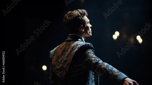 Side view of young opera singer man standing on stage with his arms spread apart while singing during performance