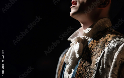 Closeup of crop unrecognizable opera singer man in theatre suit singing against black background with copy space