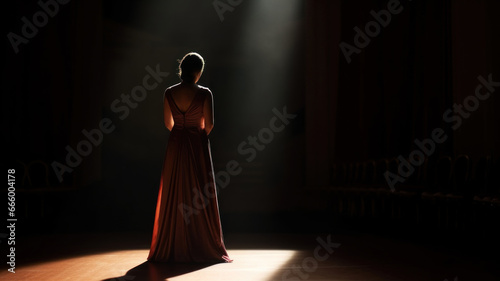 Back view full length of opera singer woman in long dress illuminated by ray of light standing on stage in empty hall