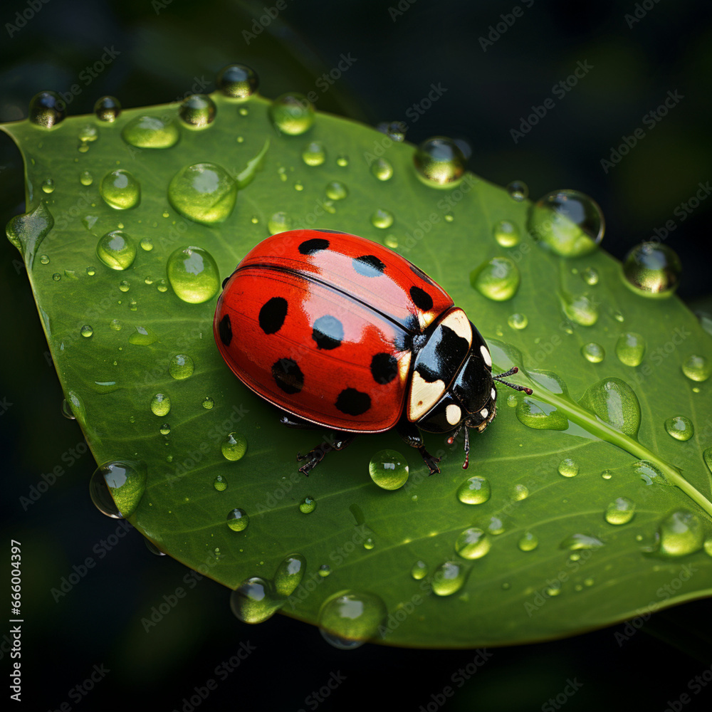 Perched gracefully on a lush, vibrant green leaf adorned with glistening water droplets, a vivid ladybug showcases its scarlet wings, contrasting beautifully with the serene natural backdrop Perched gracefully on a lush, vibrant green leaf adorned with glistening water droplets, a vivid ladybug showcases its scarlet wings, contrasting beautifully with the serene natural backdrop