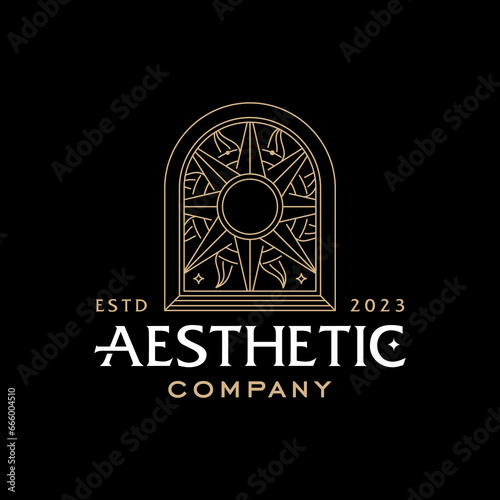 mystic sun doorway logo, antique arch architecture entrance and stairway icon, with door, window and palm trees in contemporary aesthetic boho style