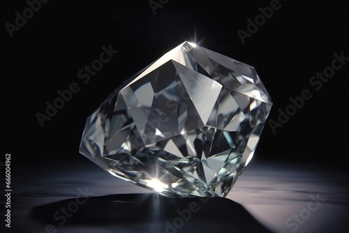 Diamond is a rare precious natural geological stone on a black background in low key. AI generated.