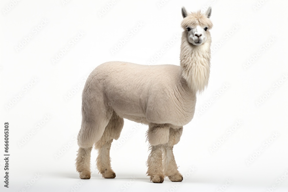A cute and fluffy alpaca posing on a clean white backdrop created with Generative AI technology