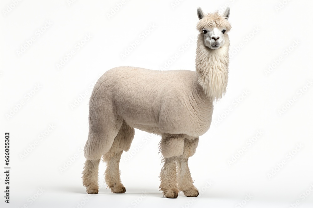Fototapeta premium A cute and fluffy alpaca posing on a clean white backdrop created with Generative AI technology