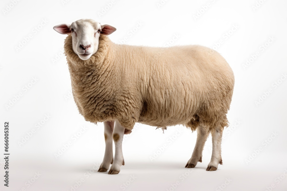 A curious sheep posing on a clean white backdrop created with Generative AI technology A curious sheep posing on a clean white backdrop created with Generative AI technology
