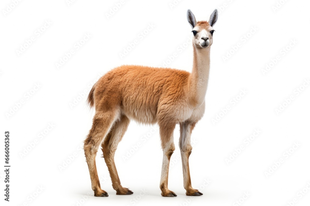 Fototapeta premium A cute Vicuna posing against a clean white backdrop created with Generative AI technology
