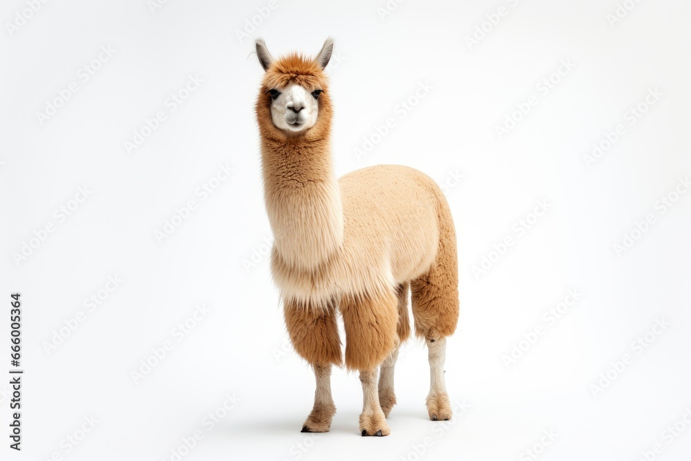 A majestic brown and white llama posing against a pristine white backdrop created with Generative AI technology