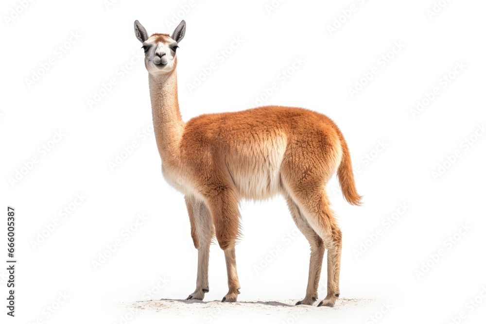 Fototapeta premium A cute Vicuna posing against a clean white backdrop created with Generative AI technology