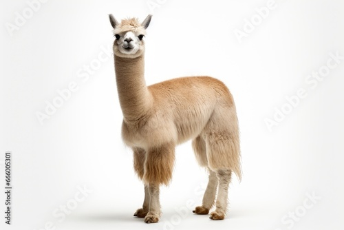 A cute alpaca posing on a clean, white backdrop created with Generative AI technology