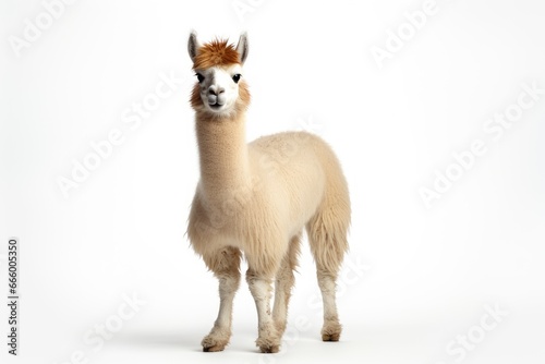 A cute and fluffy alpaca posing against a clean white backdrop created with Generative AI technology