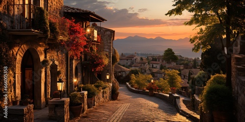 Foto romantic medieval village in sunset mood
