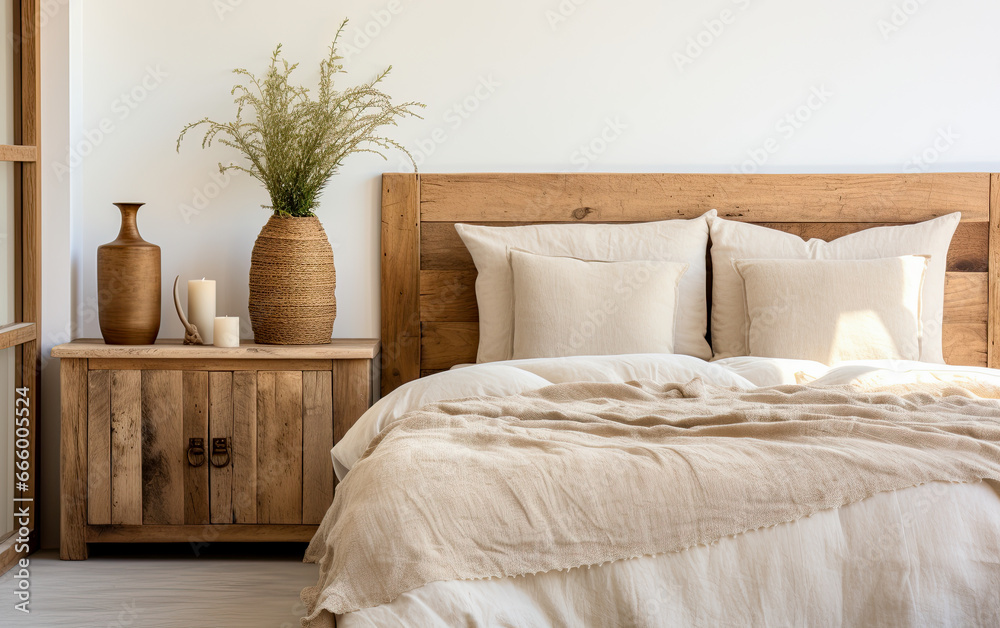 interior of bedroom , Bed with barn wood headboard and rustic bedside cabinet. Farmhouse interior design of modern bedroom , Interior Design Background. interior of bedroom , Bed with barn wood headboard and rustic bedside cabinet. Farmhouse interior design of modern bedroom , Interior Design Background.