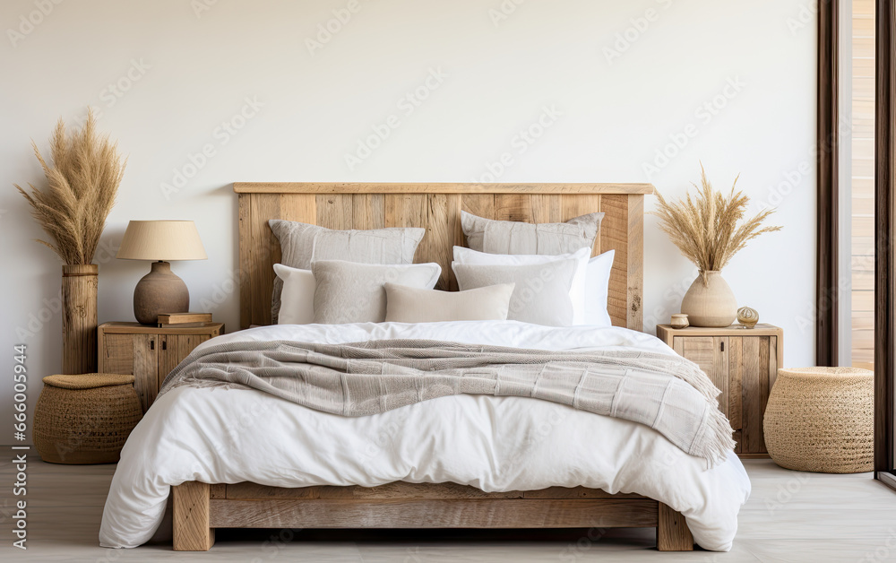 interior of bedroom , Bed with barn wood headboard and rustic bedside cabinet. Farmhouse interior design of modern bedroom , Interior Design Background. interior of bedroom , Bed with barn wood headboard and rustic bedside cabinet. Farmhouse interior design of modern bedroom , Interior Design Background.