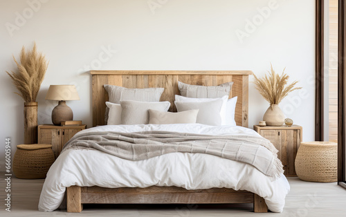interior of bedroom , Bed with barn wood headboard and rustic bedside cabinet. Farmhouse interior design of modern bedroom , Interior Design Background. © HappyTime 17