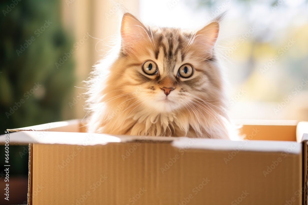 A cute fluffy kitten sits inside an open cardboard box and looks out with playful curiosity. A cute fluffy kitten sits inside an open cardboard box and looks out with playful curiosity.