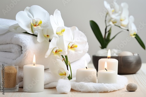 A serene spa atmosphere with candles  white towels and orchid flowers promotes wellness and relaxation.