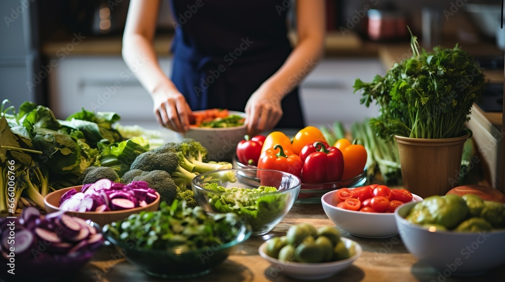 Woman preparing a healthy dish with fresh fruits and vegetables at home representing a healthy lifestyle and diet Woman preparing a healthy dish with fresh fruits and vegetables at home representing a healthy lifestyle and diet