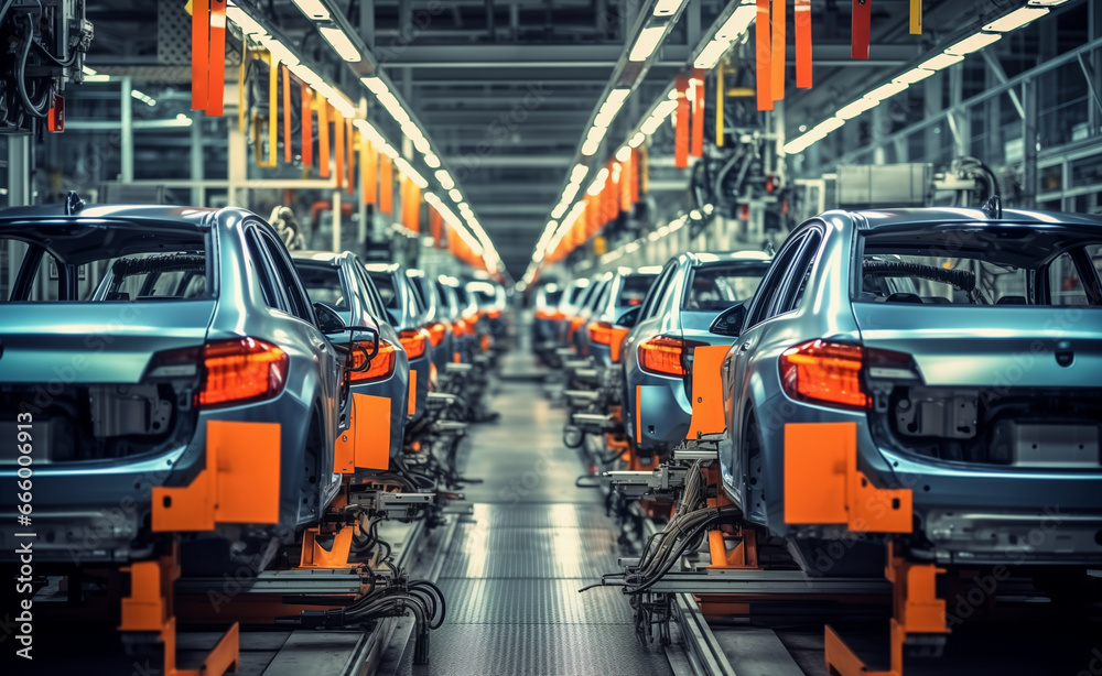 Factory Assembly Line Producing Modern Cars in High Volume.