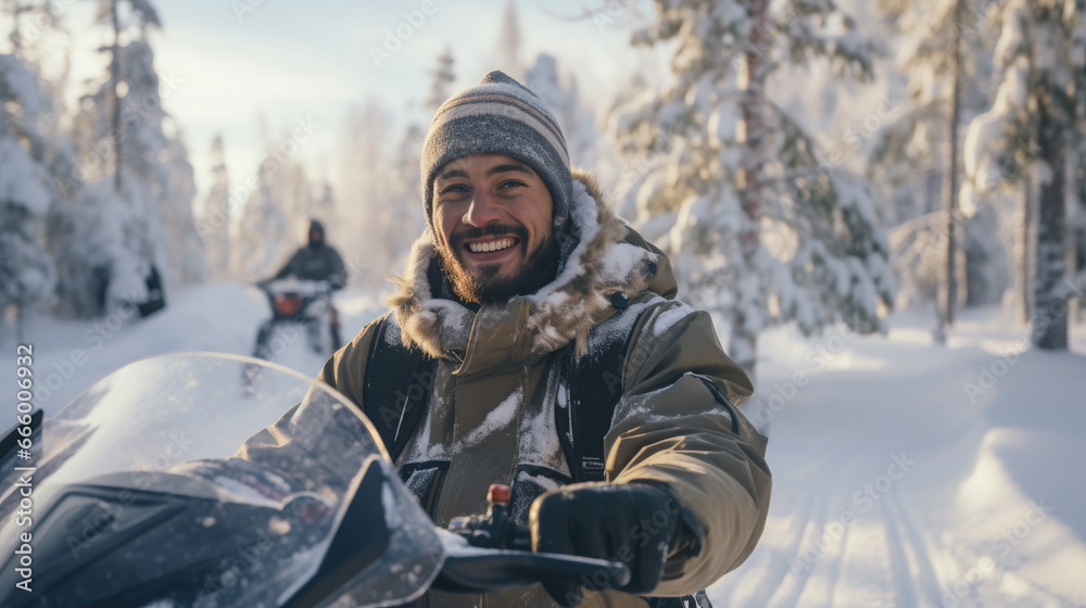 a man on a snowmobile rushes along a white snowy road in a winter forest, transport, sports, north, hobby, motorcycles, tourism, driver, speed, snow scooter, extreme, driving, headlights