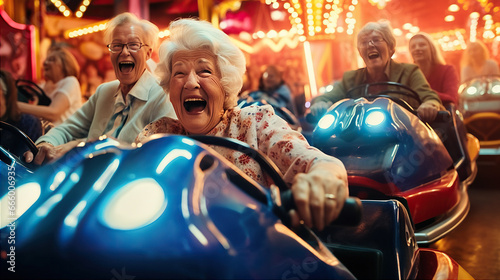 Bumper Car Excitement: A group of older visitors participate in a bumper car ride © siripimon2525