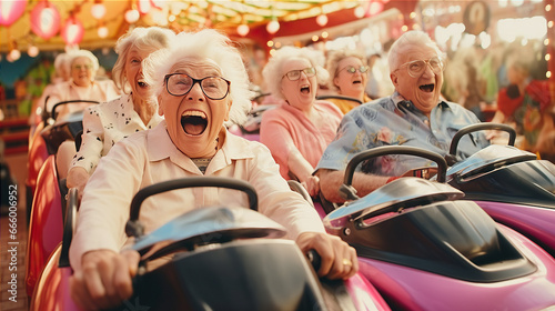 Bumper Car Excitement: A group of older visitors participate in a bumper car ride