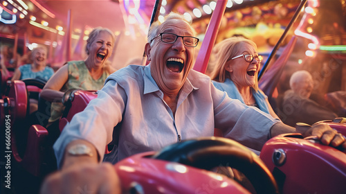 Bumper Car Excitement: A group of older visitors participate in a bumper car ride