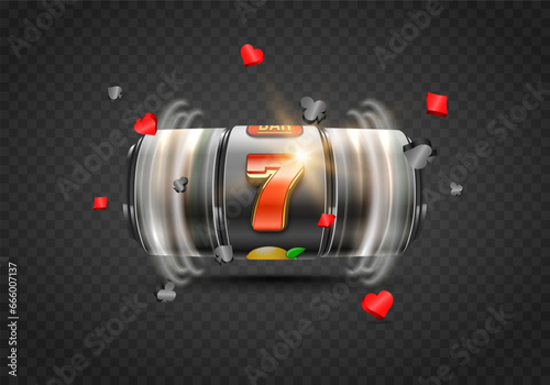 Slot machine with card icons on a transparent background. Lucky seven on slot machine. Vector illustration.