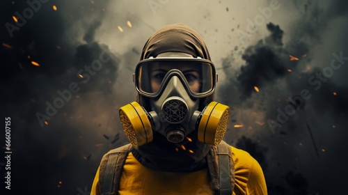 Woman in a protective suit gas mask in germ war and nuclear photo