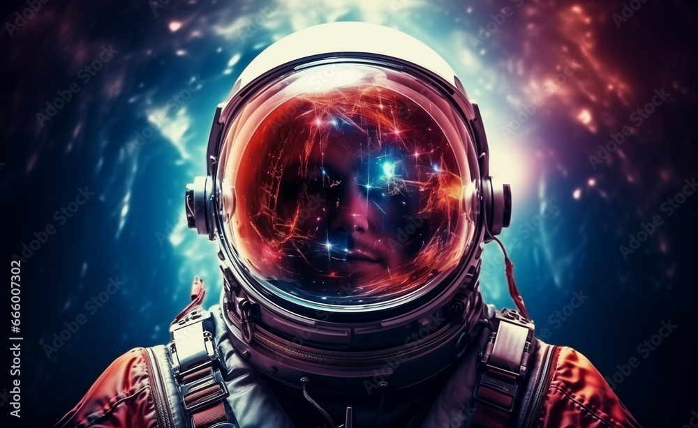 Front view astronaut portrait. Astronaut in space suit with galaxy and nebula reflection in helmet glass
