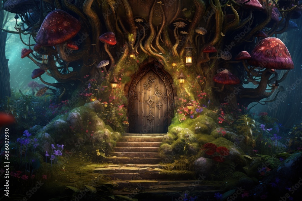 Mysterious portal, halloween magic door in the dark forest. - obrazy, fototapety, plakaty 