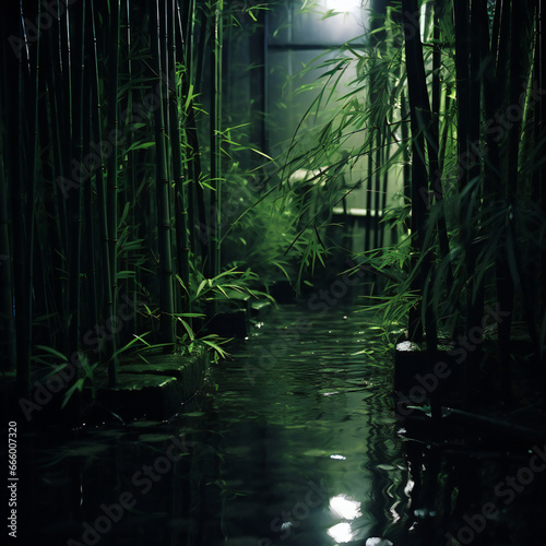 Green bamboo grove in the garden at night   Natural background