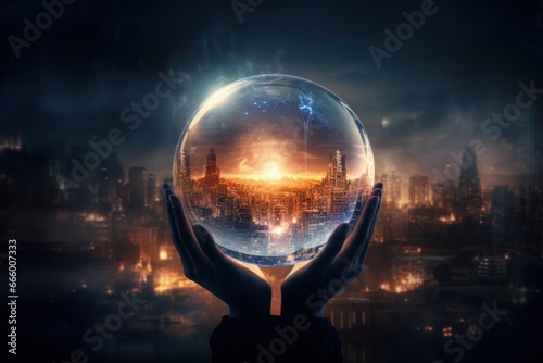 Leinwand Poster Human hands holding glass ball with cityscape.