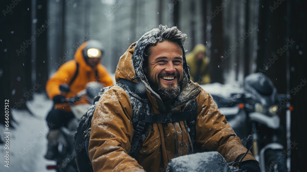 Fototapeta premium a man on a snowmobile rushes along a white snowy road in a winter forest, transport, sports, north, hobby, motorcycles, tourism, driver, speed, snow scooter, extreme, driving, headlights