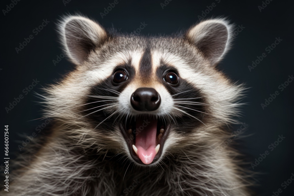 Funny surprised raccoon with open mouth.