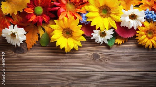 Flowers on wooden table. Autumn background.
