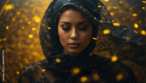 Beautiful woman art portrait, Abstract contemporary art collage portrait of young woman in black veil, lace, bright yellow sparkles 