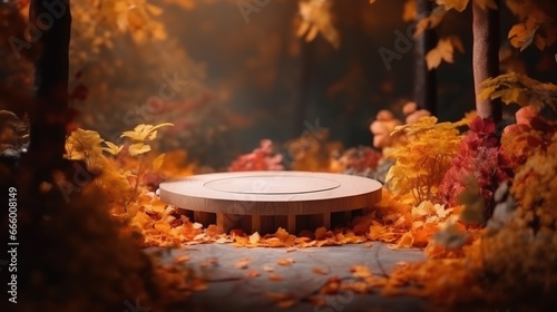 Podium in the autumn forest. Platform for product presentation.