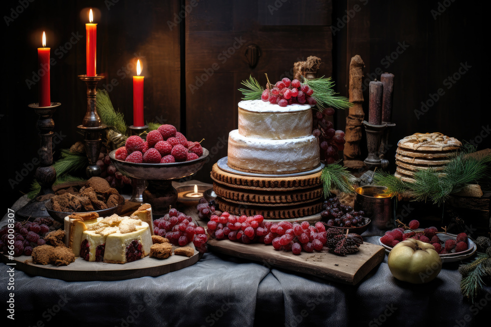 Beautifully decorated cake and sweets for the festive table, with delicious taste and elegant design for a special celebration.