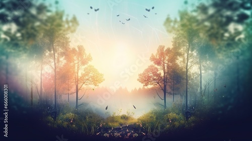 Dreamy Fantasy forest background with copy-space.
