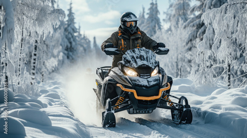 a man on a snowmobile rushes along a white snowy road in a winter forest, transport, sports, north, hobby, motorcycles, tourism, driver, speed, snow scooter, extreme, driving, headlights © Julia Zarubina