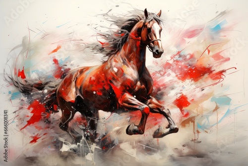 Watercolor horse painting  abstract drawing of a running paint splashed horse